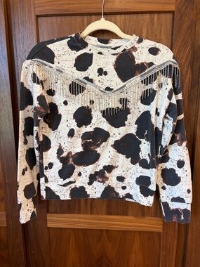 Rhinestone Fringe Cowprint Sweatshirt - White & Brown